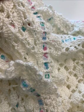 Soft Handmade White Crochet Baby Blanket w Pastel Ribbon Trim 52”by 35”,Acrylic